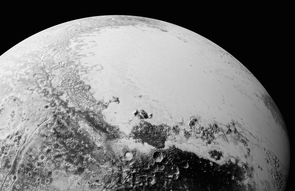A sea of ice: This is what you would see if you were flying 1,100 miles above Pluto’s equatorial area, looking northeast over the dark, cratered, informally named Cthulhu Regio toward the bright, smooth expanse of icy plains informally called Sputnik Planum. The images making up this composite were taken as New Horizons flew past Pluto on July 14, 2015, from a distance of 50,000 miles. (Image: NASA/Johns Hopkins University Applied Physics Laboratory/Southwest Research Institute) A sea of ice: This is what you would see if you were flying 1,100 miles above Pluto’s equatorial area, looking northeast over the dark, cratered, informally named Cthulhu Regio toward the bright, smooth expanse of icy plains informally called Sputnik Planum. The images making up this composite were taken as New Horizons flew past Pluto on July 14, 2015, from a distance of 50,000 miles. (Image: NASA/Johns Hopkins University Applied Physics Laboratory/Southwest Research Institute)